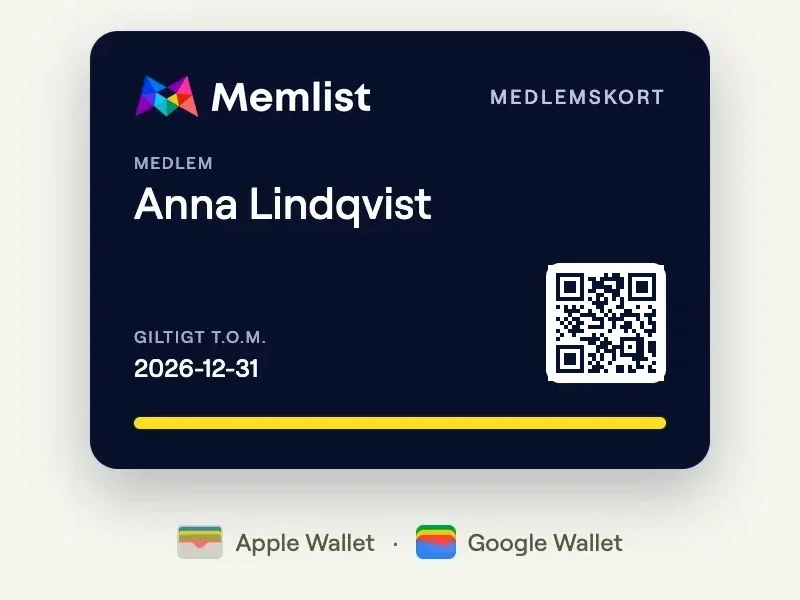 Eksempel på digitalt medlemskort med QR-kode i Apple Wallet og Google Wallet