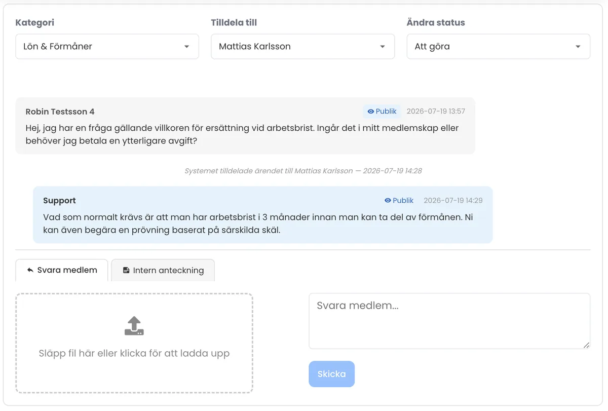 Sagsbehandling i Memlist - medlemssag med spørgsmål, supportsvar og tildeling til sagsbehandler